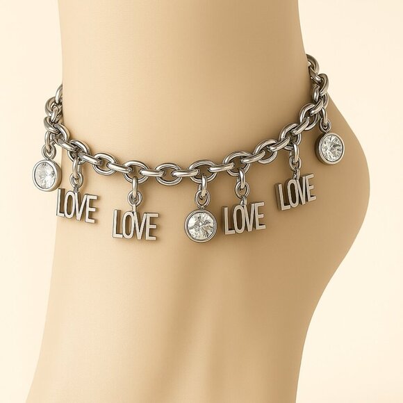 Silver-Tone Love word Anklet with Matching Toe Ring – Boho Festival Jewelry Set - Picture 1 of 8